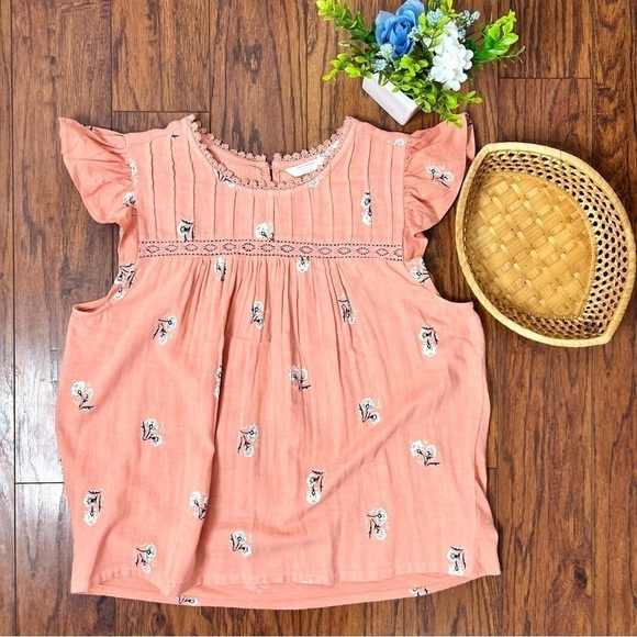 Lucky Brand Pink Crochet Floral Top Pleated Bodice Flutter Sleeve Size Large - Picture 14 of 17